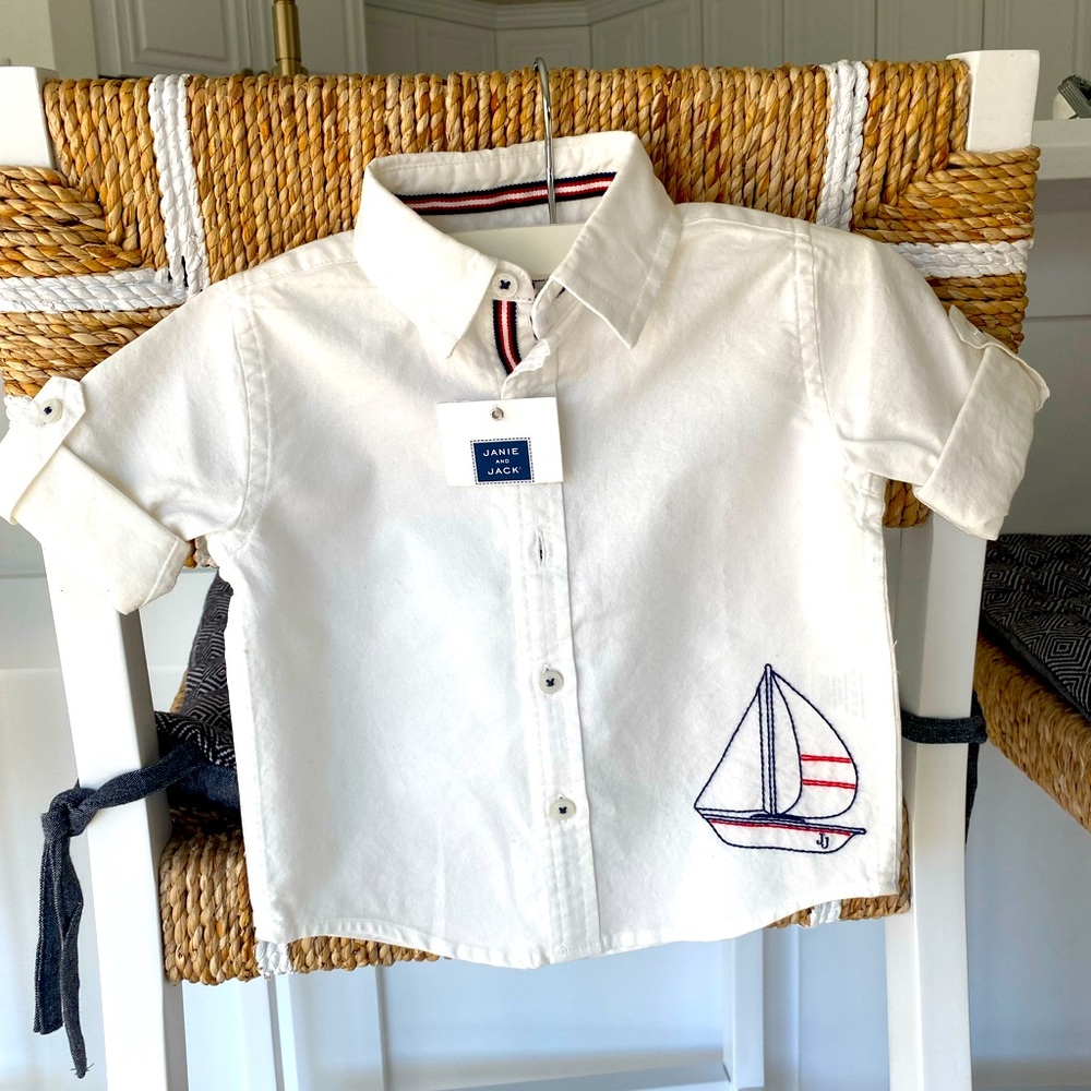 Janie and Jack button down baby boy size 6-12 months white sailboat